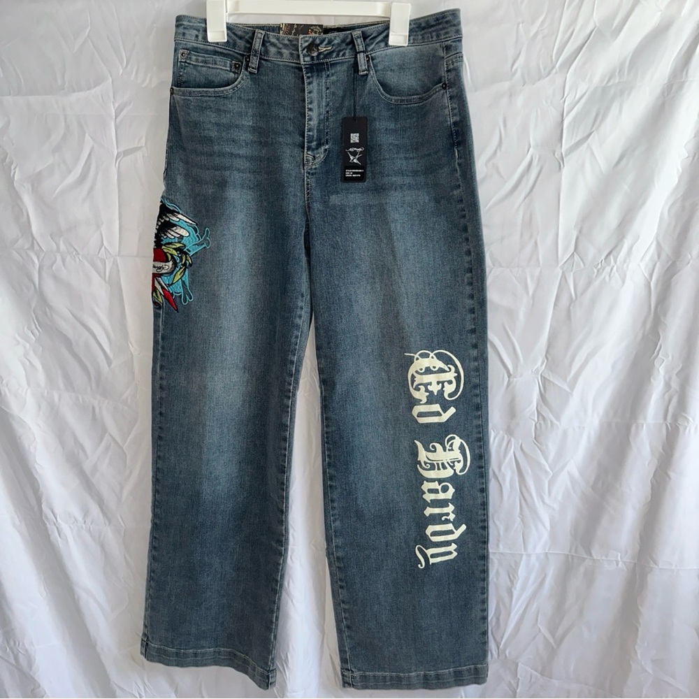 Ed Hardy Straight Leg Jeans with Embroidered Design